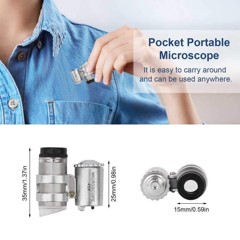 Rongon Small Magnifying Glass 45X Mini Pocket Microscope Jeweler Loupe Magnifier with 2 LED Lights for Jewelry Antiques - Image 2